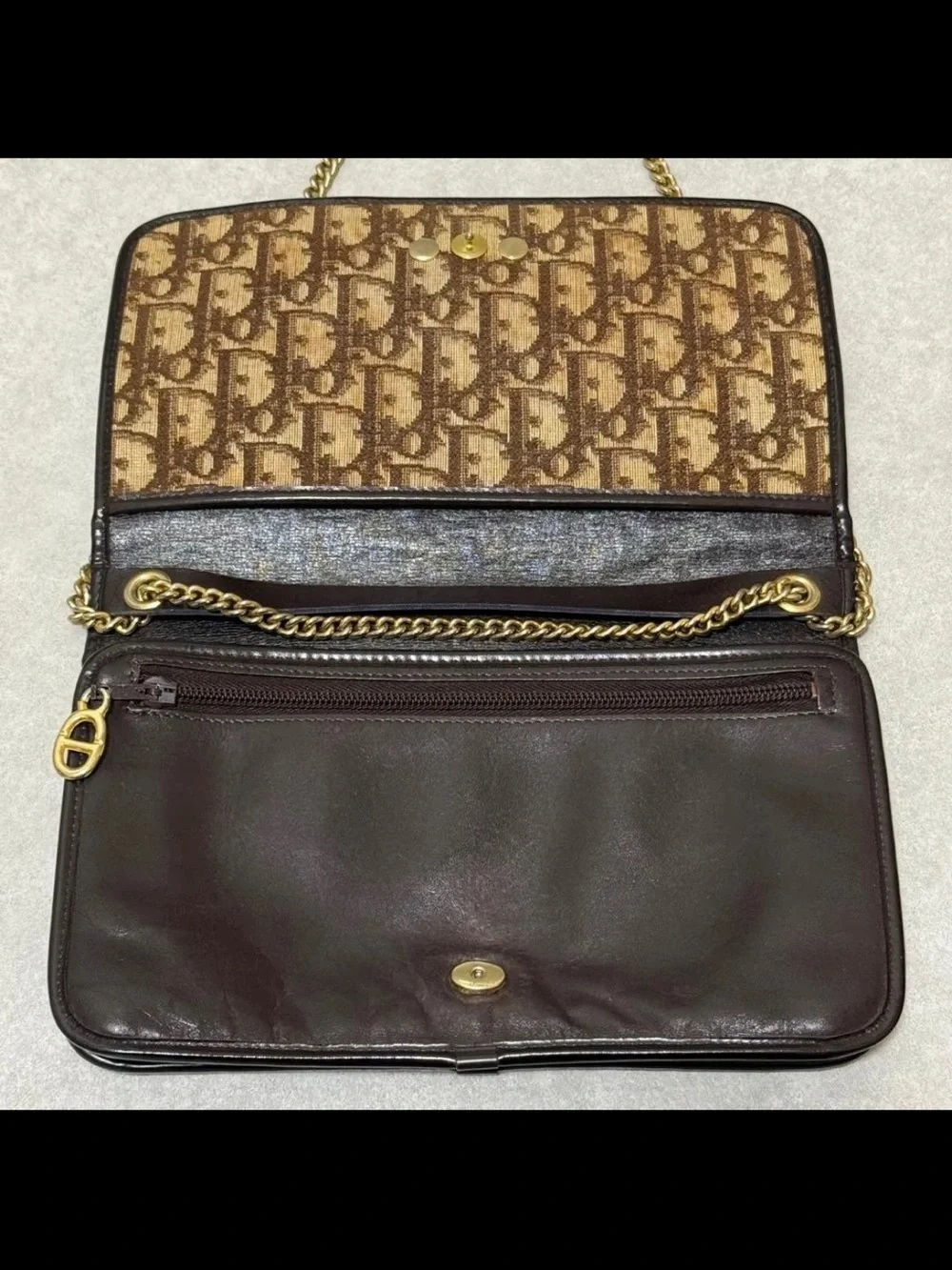 Dior Brown Logo Jacquard Crossbody with Gold Chain